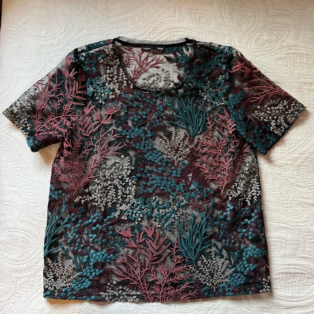 Zara Mesh Embroidered Cropped shirt